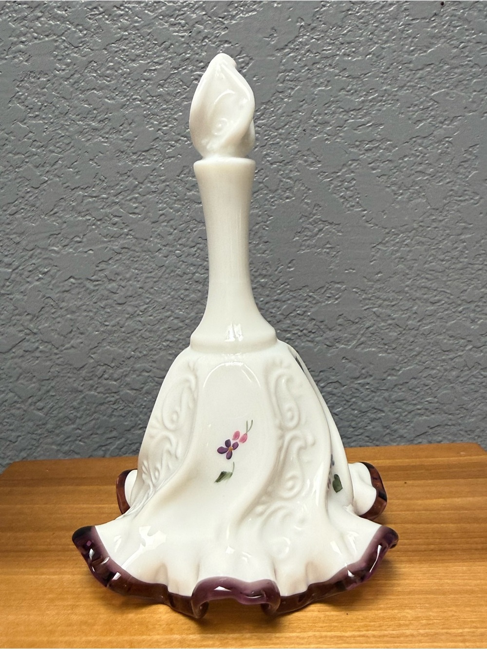 Fenton White Milk Glass Bell Purple-Trim Floral Accents - Picture 2 of 9